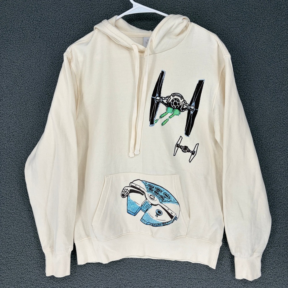 Disney 100 Star Wars Hoodie Mens Medium Cream X-Wing Millennium Falcon Graphic